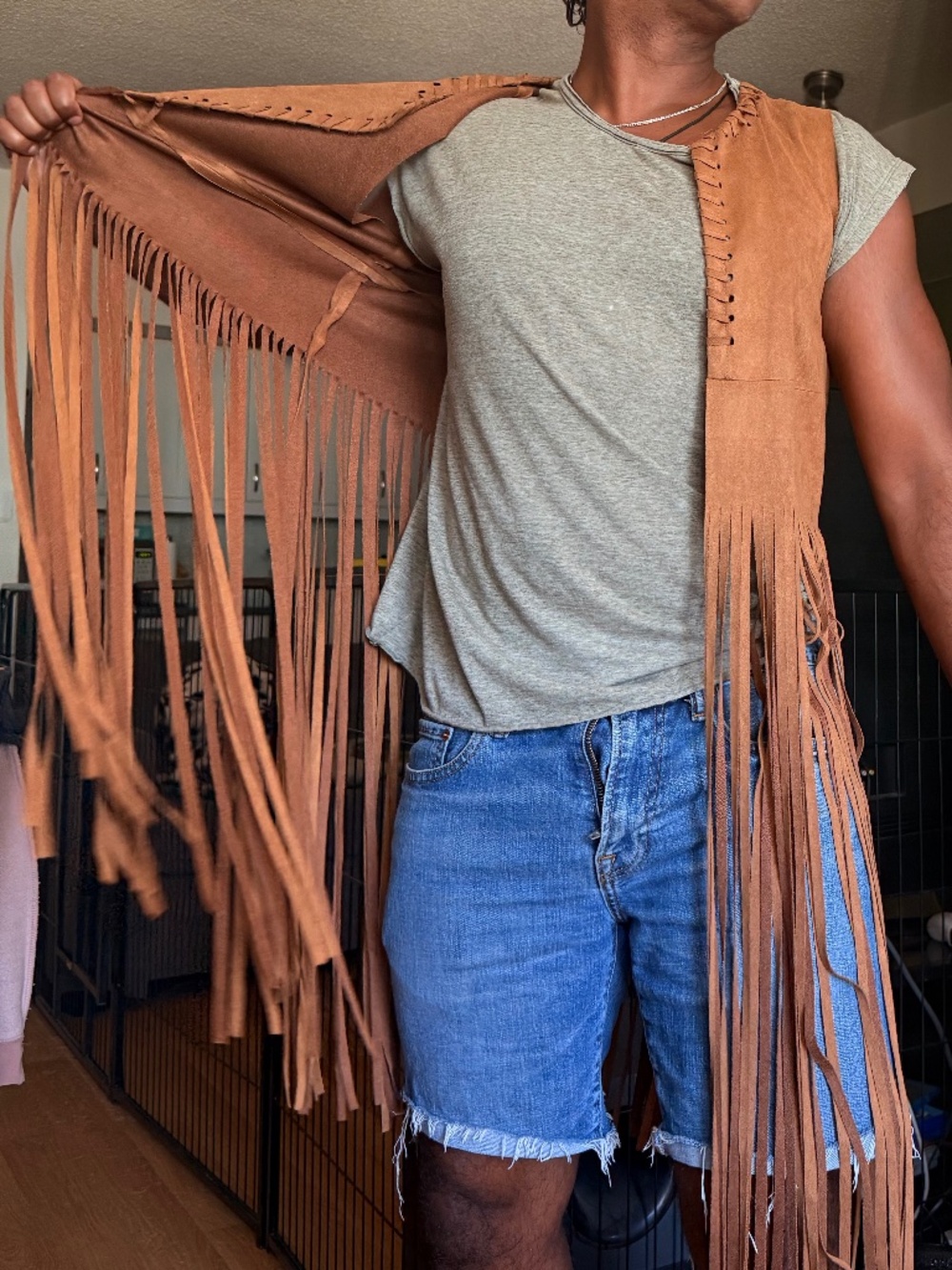 Faux-suede fringed knee-length vest